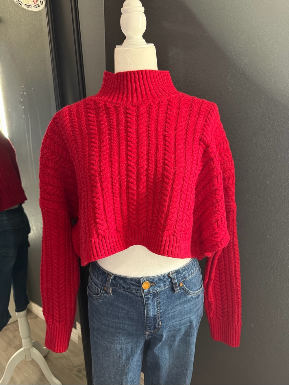 Banana Republic Bright Red Cable-Knit Turtleneck Crop Sweater